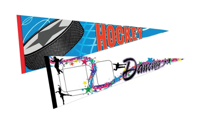 Sports Pennant holding 5x7 team photo and wallet-size individual photo showing photo placement in corner slits