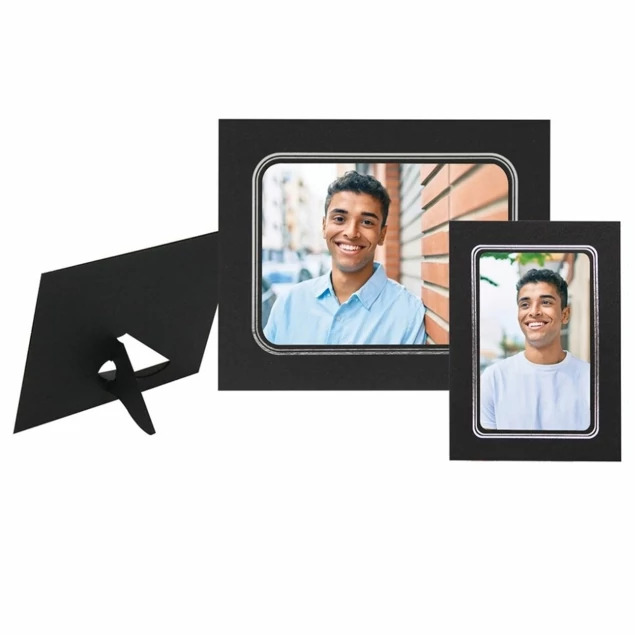 Sterling Mounts in 4x5, 4x6, 5x7, and 8x10 showing black board with silver foil border and pop-out easel back