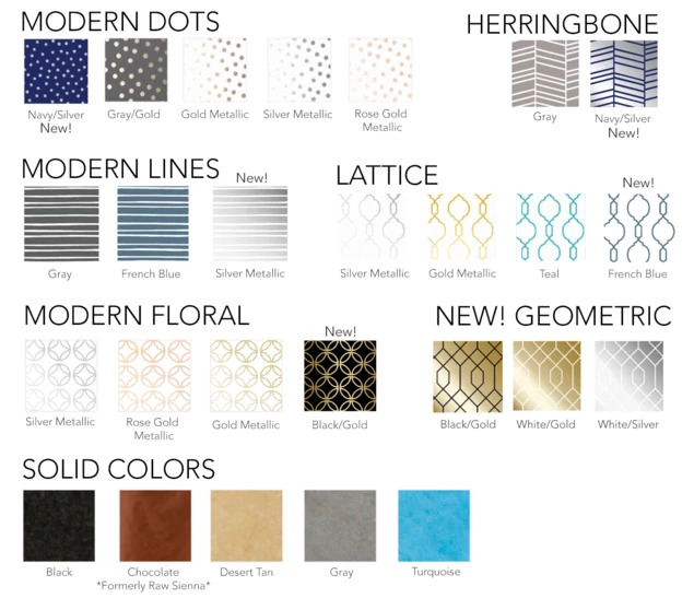 Tyndell Tissue Paper showing full range of solid colors and decorative patterns available in 5x20, 10x20, 14x30, and 20x30 sizes