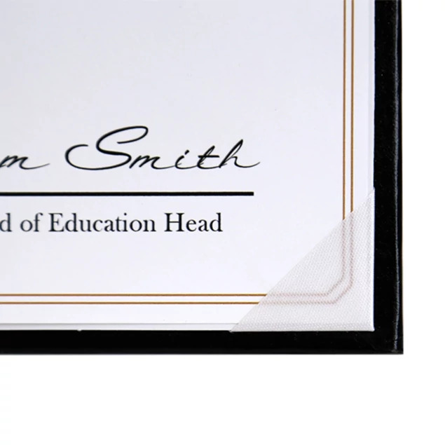 Black Carson Easel open showing diploma in 8.5x11 opening with wrapped back and ribbon corners