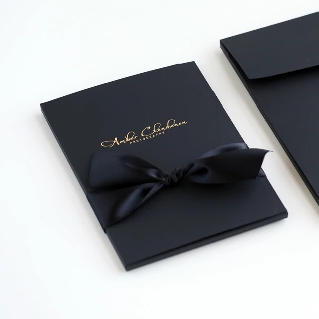 Black Soft Touch Portrait Case showing foil imprinted studio logo on soft touch black surface