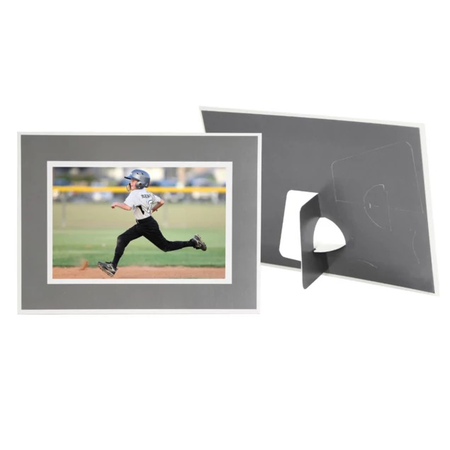 Gray Panel Mount showing gray border with white accents in multiple sizes with dual easel for vertical and horizontal display