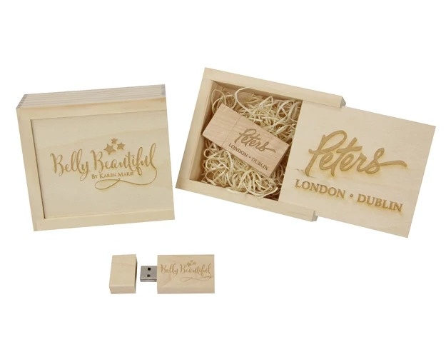 Rustic wood flash drive boxes showing two-piece slide top design with natural wood construction
