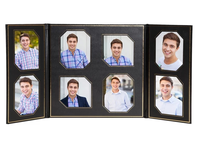 Black Gold Glory Days Folio open showing eight 4x5 photo openings with gold foil border detail