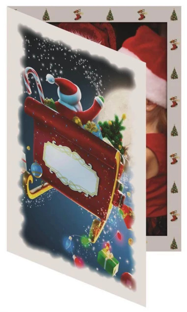 Sleigh Folder showing bottom-loading design with thumb tab and Santa sleigh motif for Christmas event photos
