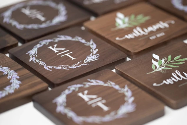 Tyndell Walnut Wood Coaster Set of 4 styled as client gift showing full color printing customization
