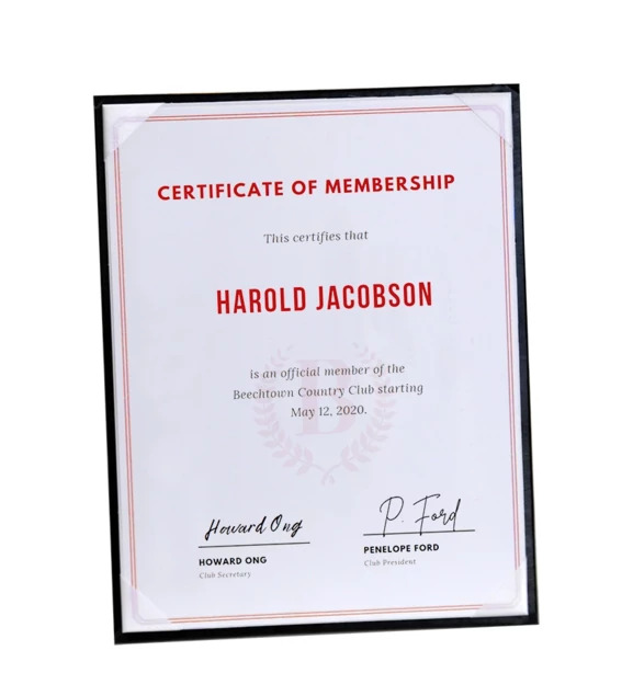 White Carson Easel displaying certificate of honor in vertical orientation with ribbon corner detail