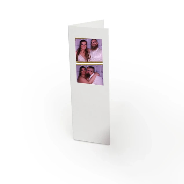 White Photo Booth Folder showing front window display and top-loading design for 2x6 photo booth strips