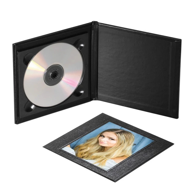 Black simulated leather CD Folio open showing positionable mat with 4x5 print and CD disc slot