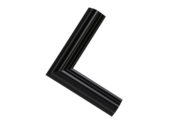 Close-up of Black Wood Frame corner showing curved bevel cut and satin black molding detail