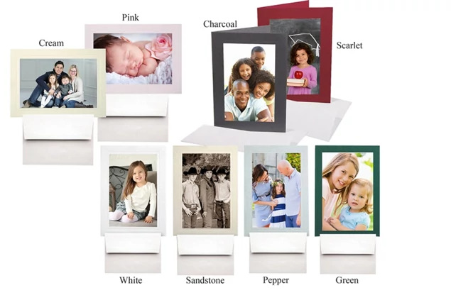 Photo insert cards in all 8 colors including Cream, Rose, Charcoal, Scarlet, White, Sandstone, Pepper, and Green