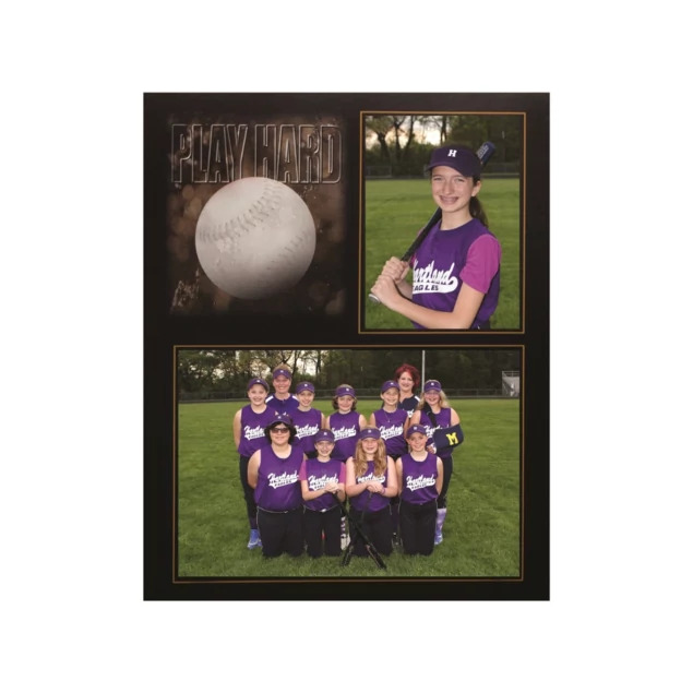 Play Hard Softball Memory Mate showing softball motif with 7x5 team and 3x5 individual portrait openings and pull-out stand