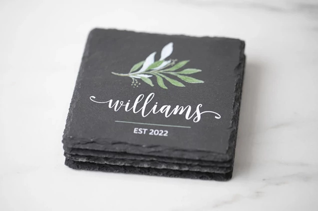 Set of four Tyndell Slate Coasters with cork bottom styled as client gift or portrait package add-on