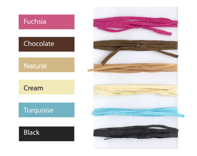 Tyndell Raffia in multiple colors showing 5mm natural raffia ribbon expandable to 3cm for portrait packaging