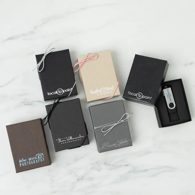 Tyndell USB Kits in Slate, Matte Black, Black Leather, Chocolate, and Kraft showing all five color options with stribbon