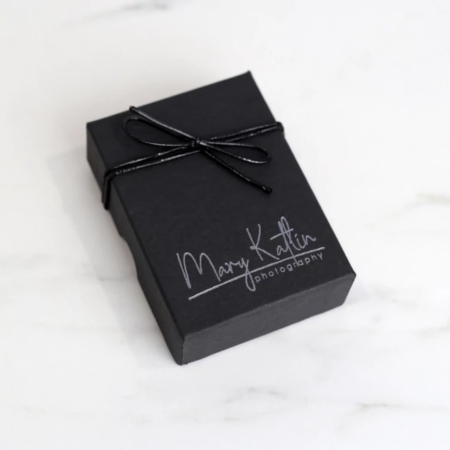 Tyndell Portrait Wallet Box with foil imprinted studio logo showing custom branding on wallet box