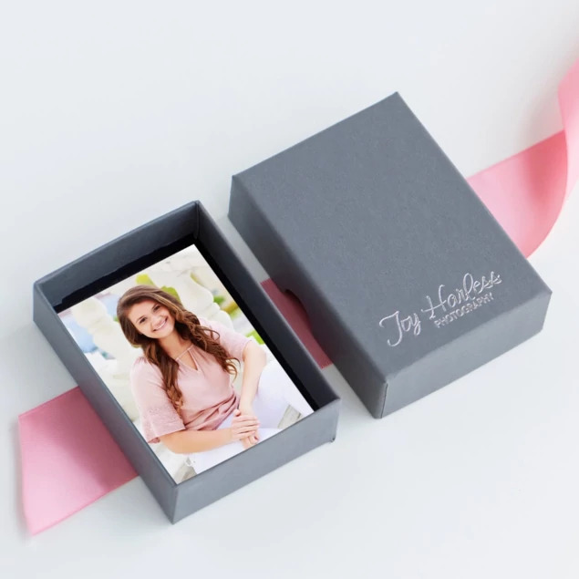 Tyndell Portrait Wallet Box open showing fine white paper lining and side thumb cut-outs for wallet prints