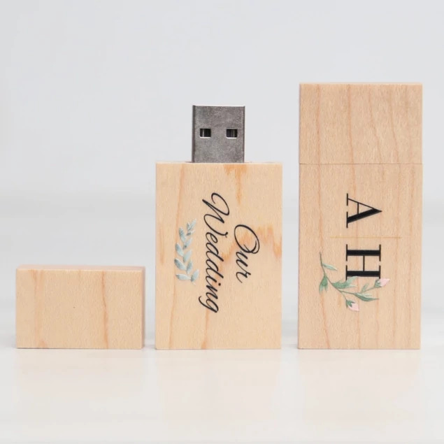 Tyndell Maple Wood Flash Drives showing natural maple wood construction with magnetic cap in 128MB through 16GB capacities