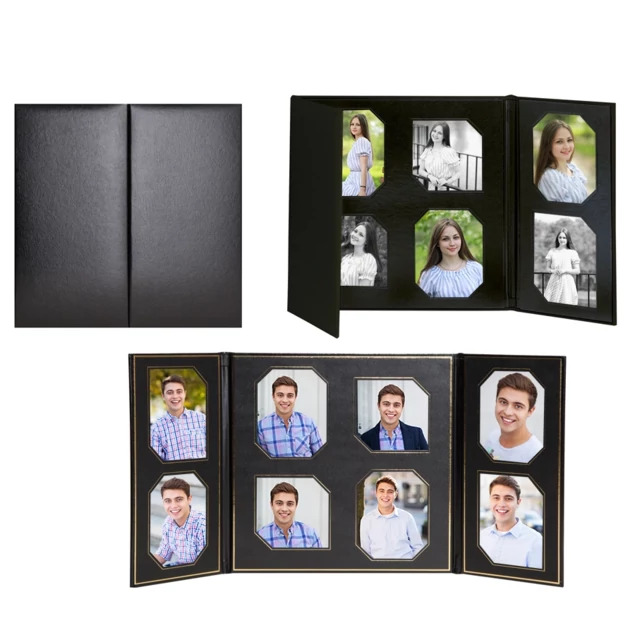 Glory Days Folios in Black Black and Black Gold shown open and closed displaying 4x5 photo openings