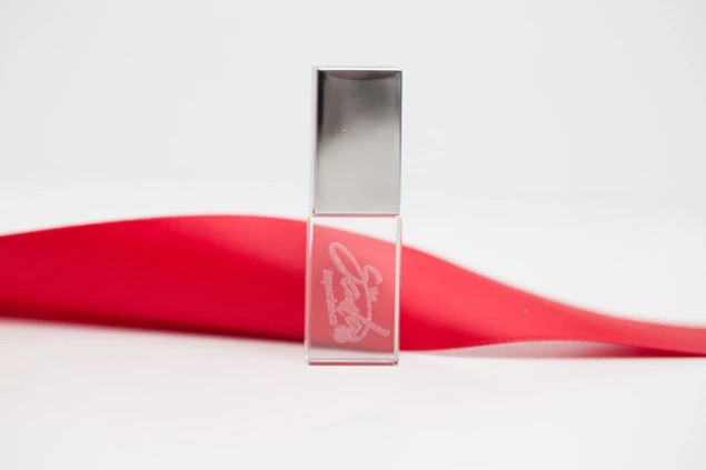 Silver Crystal Flash Drive and USB Gift Box Bundle open showing flash drive inside black gift box packaging