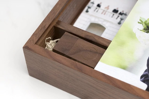 Tyndell Walnut Wood Flash and Print Box with full color printed studio logo showing customization on walnut lid