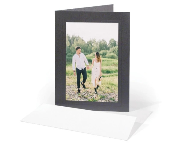 Charcoal photo insert card shown with white envelope and 4x6 photo slot