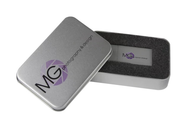 Tyndell Wood Flash Drive and Metal Tin Bundle open showing aluminum tin with foam insert for flash drive delivery