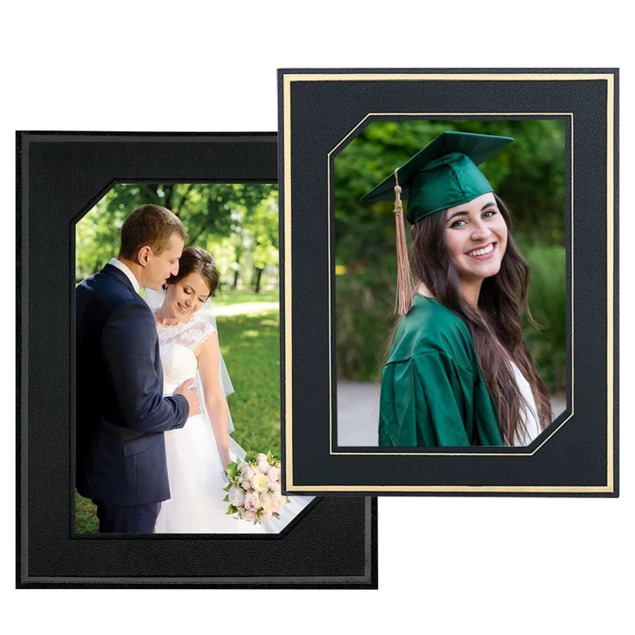 Two Alumni Easels displaying graduation portrait and wedding portrait with gold foil accents and pebble finish     TAP