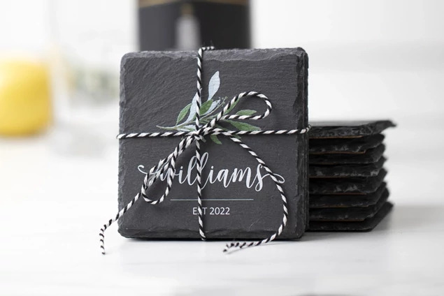 Set of four Tyndell Slate Coasters with cork bottom showing full color photo printing customization option