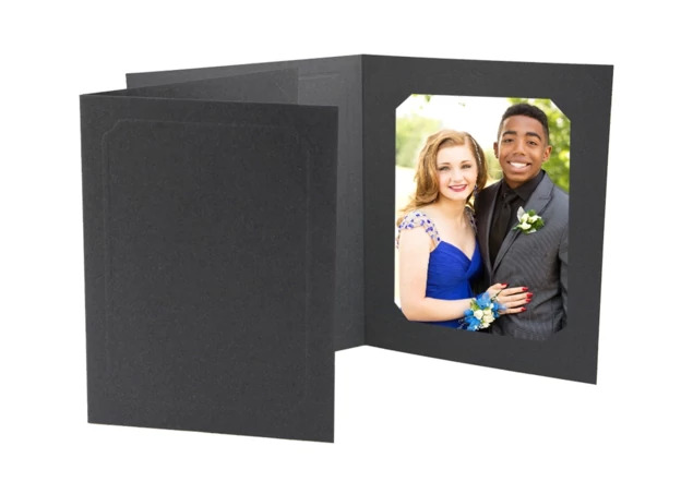 Black Mascot Folder open showing full view photo slot and embossed border detail