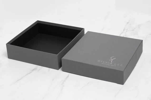  Slate album box lid and base separated showing black interior     Tyndell album box construction