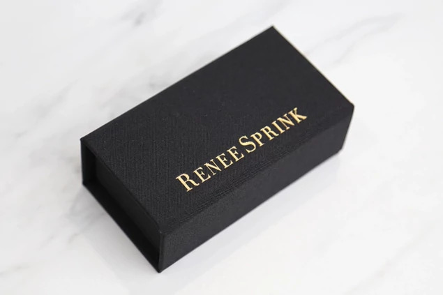 Black Luxe Fabric USB Box open showing finished fabric insert holding Crystal Flash Drive securely