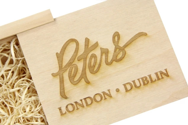 Rustic wood flash drive box with Maple Wood flash drive showing natural pairing for USB delivery
