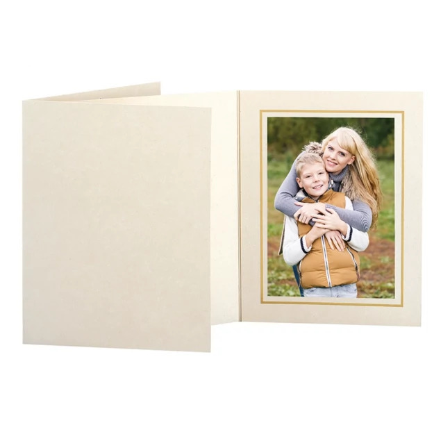 Opal Folder in 4x6, 5x7, and 8x10 showing ivory marble design with gold foil frame border and slip-in side loading
