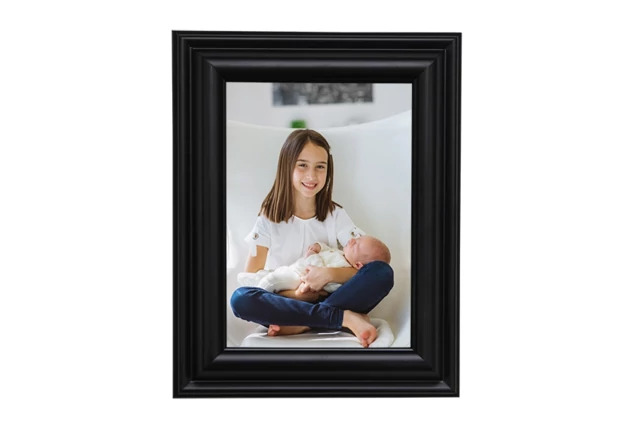 Black Wood Frame with satin black finish holding newborn and sibling portrait     1.25  solid wood curved bevel portrait frame