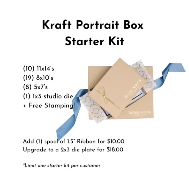 Kraft Portrait Box Starter Kit showing 5x7, 8x10, and 11x14 boxes with ribbon and studio imprinting