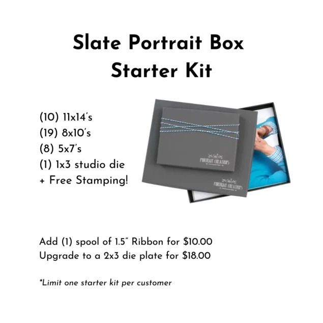 Slate Box Starter Kit showing 5x7, 8x10, and 11x14 slate portrait boxes with stribbon and studio foil imprinting