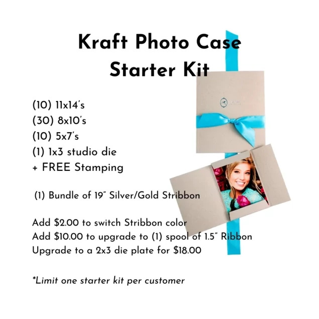 Kraft Photo Case Starter Kit showing 5x7, 8x10, and 11x14 cases with stribbon and studio foil imprinting