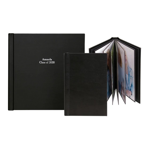 Perry Albums in 4x6, 5x7, 8x8, 8x10, and 10x10 showing black leatherette cover with suede pouch and presentation box