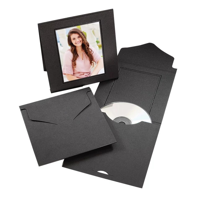 Black linen finish CD Easel holding a 4x5 print and CD disc shown folded and standing