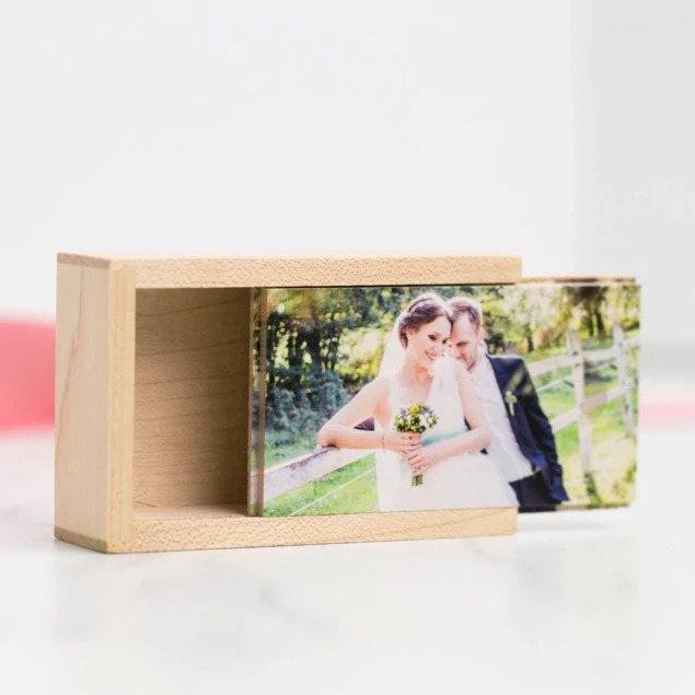 Tyndell Maple Wood USB Slide Box showing natural maple wood construction with sliding top open design