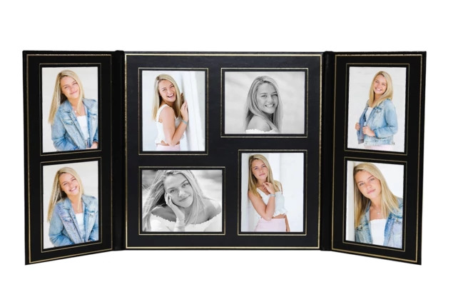 PG 4x5-8 Folio in Black Gold showing simulated leather cover with gold foil border around 8 photo openings