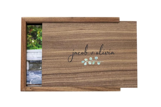 Tyndell Walnut Wood Print Box open showing sliding lid removed and storage for up to 200 unmounted prints