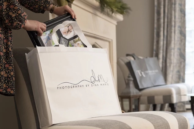 White frame bag open showing 4.5 inch gusset and capacity for large framed prints and wall art