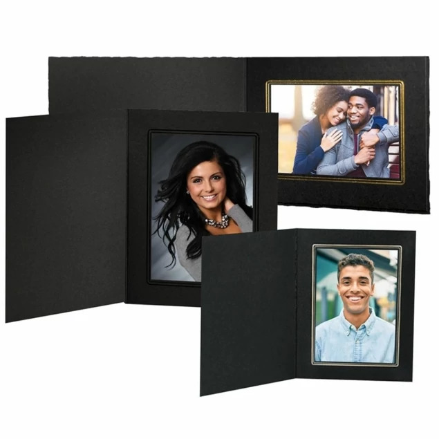 Black deckled edge portrait folders displayed with senior and couple portrait photos inside, shown in multiple sizes