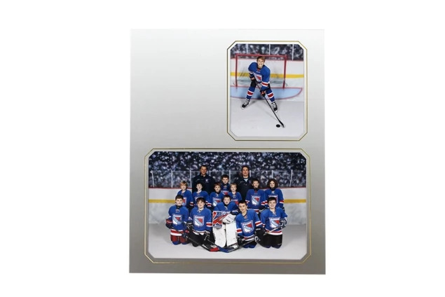 Tyndell Vision Memory Mate showing gray ombre finish with gold foil border and easel back for sports portrait display