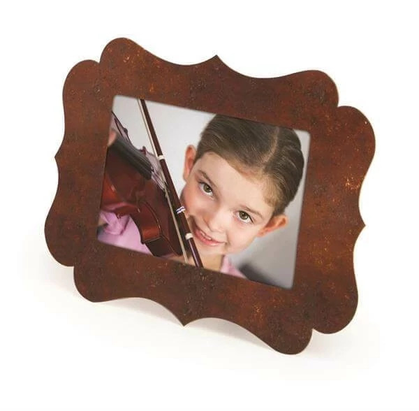 Polly Easel in Rust finish showing printed front with coordinating back in portrait orientation