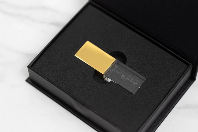 Black Magnetic USB Gift Box open showing foam insert detail and full color printed lid branding
