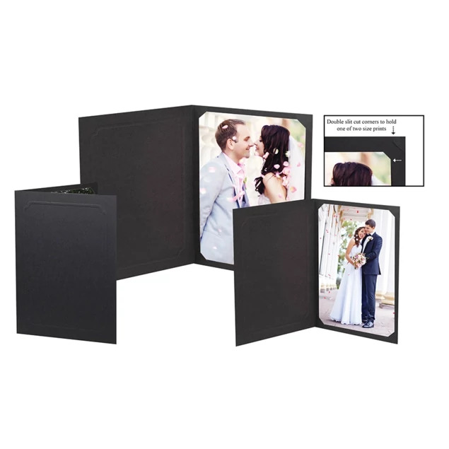 Black Mascot Folders in multiple sizes showing recycled matte paper with embossed decorative border and corner tuck design