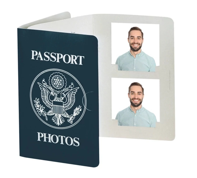 Blue Passport Folder showing corner tuck loading design for two 2x2 passport photos with printed coated blue board